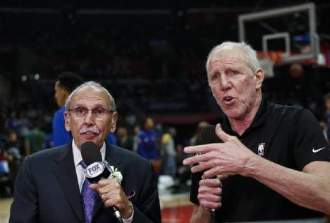 April 10, 2019 - Los Angeles, California, U.S - Los Angeles Clippers broadcaster and the newest member of the Basketball Hall of Fame, Ralph Lawler, ,left, and former broadcast partner Bill Walton work prior to an NBA Basketball Herren USA basketball game between Los Angeles Clippers and Utah Jazz, Wednesday, April 10, 2019, in Los Angeles. NBA 2019: Clippers 143:137 Jazz - ZUMAc68_ 20190410_zaf_c68_022 Copyright: xRingoxChiux