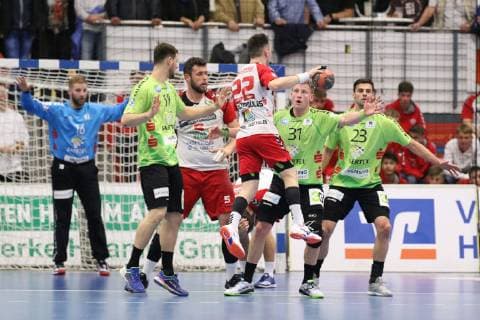 Vyron Papadopoulos ASV Hamm Westfalen 22 v v l Yannick Draeger TV Emsdetten 19 , Jan Brosch ASV Hamm Westfalen 5 , Andre Kropp TV Emsdetten 31 , Korn Smits TV Emsdetten 23 , ASV Hamm Westfalen vs. TV Emsdetten, Handball, 2 Bundesliga, 17 05 2019, ASV Hamm Westfalen vs. TV Emsdetten, Handball, 2 Bundesliga, 17 05 2019 Hamm Westfalen Copyright: xEIBNER JanxStrohdiekx EP_JSK