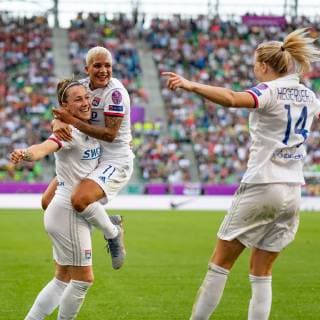 Jubilee, celebration at oOlympique Lyon about the 0 4 by Ada Hegerberg Olympique Lyon,14 goal, goal, goalscoring, action, 18 05 2019, Budapest, football, women, UEFA Women s Champions League, Olympique Lyon FC Barcelona xprx