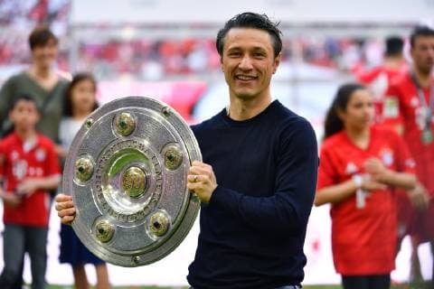Niko KOVAC coach Bayern Munich with championship bowl, bowl, cheers, joy, enthusiasm, single picture, cut single motif, half figure, half figure award ceremony, football 1 Bundesliga, 34 match day, match day34, German Champion, FC Bayern Muenchen M Eintracht Frankfurt F 5 1,,on 18 05 2019 in Muenchen A L L I A N Z A R E N A, DFL REGULATIONS PROHIBIT ANY USE OF PHOTOGRAPHS AS IMAGE SEQUENCES AND OR QUASI VIDEO