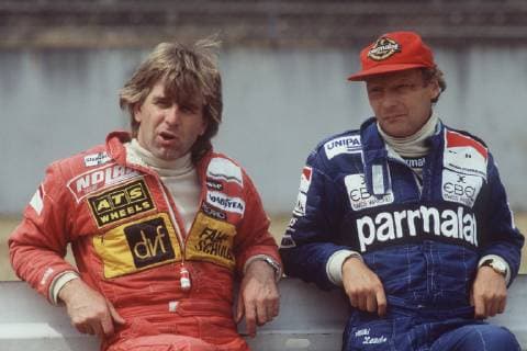 Niki Lauda died at the age of 70 Manfred WINKELHOCK BRD, l and Niki LAUDA AUT leaning next to each other on a wall, half figure on 06 08 1983 at the Hockenheimring Motorsport, Formula 1, car, racing car, car race, formula one, racing driver, driver, Grand Prix, Germany, GER, Federal Republic, Austria ÃÂ