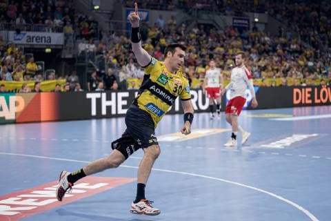goal scorer Gedeon Guardiola RNL, 30 cheers on a goal, jubilation, goal jubilation, goal success, celebrate the goal, goal, celebration, jubilation on the goal, optimistic, game scene, highlight, action, action, 29 05 2019, Mannheim, handball, DKB Bundesliga, Rhein Neckar Löwen TSG Ludwigshafen Friesenheim The Owls xozx