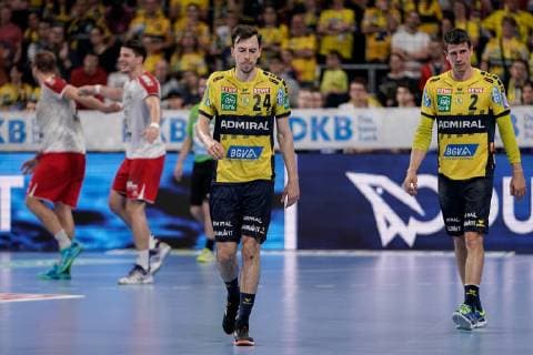 v left Patrick Groetzki RNL, 24 , Andre Schmid Andy Schmid, RNL, 2 , disappointed about the defeat, disappointment after the final whistle, highlight, loser, lost, frustration, disappointed, pessimistic, 29 05 2019, Mannheim, Handball, DKB Bundesliga, Rhein Neckar Löwen TSG Ludwigshafen Friesenheim The Owls xozx