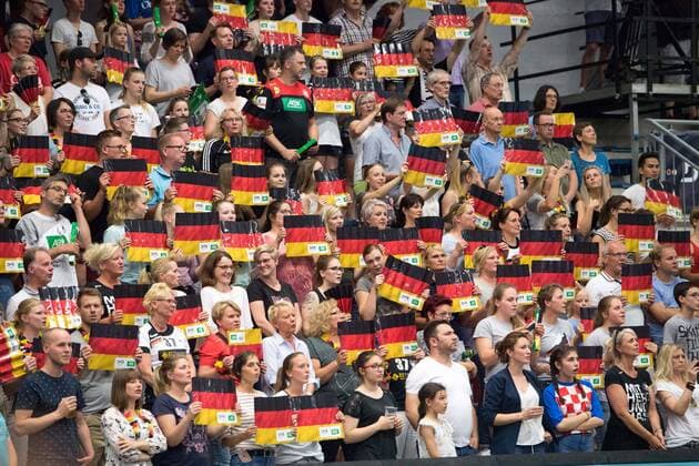 The fans keep cardboard boxes with the German colors high, cheer, jubilate, jubilant, joy, cheers, celebrate, feature, general, border motif, fan, fans, spectators, fans, supporters, handball World Cup qualifier of women, play offs, Germany GER Croatia CRO 25 21, on 05 06 2019 in Hamm Germany Â
