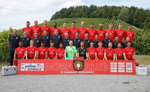 Sonnenhof Grossaspach team photo back row from left Marco Hingerl, Michael Vitzthum, Korbinian Burger, Dimitry Imbongo Boele, Dennis Slamar, Julian Leist, Kai Gehring, Kai Brünker, Charmaine Häusl, Eric Hottmann, Dan Patrick Poggenberg, Jamil Dem Middle row from left Bus driver Günther Ferber, coach Harry Anders, coach Andy Jung, team manager Nebih Azemi, team doctor Dr Karsten Reichmann, team doctor Dr Heiko Kachel, head coach Oliver Zapel, Co Coach Zlatko Blaskic, Co Coach Markus Lang, Athletics Coach Axel Mäder, Physiotherapist Florian Ziegler, Physiotherapist Jonas Halder Front row from left Joel Gerezgiher, Jonas Behounek, Niklas Sommer, Nicolas Jüllich, Orrin McKinze Gaines II, Maximilian Reule, Constantin Frommann, Sebastian Bösel, Jonas Meiser, Dominik Martinovic, Timo Röttger, Onur Ünlücifci Portrait min SG Sonnenhof Grossaspach 2018 2019 Grossaspach, GER, 08 07 2019 ,Football 3 League 2019 2020