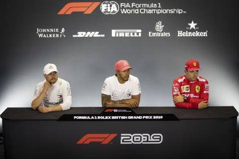 Motorsports: FIA Formula One World Championship, WM, Weltmeisterschaft 2019, Grand Prix of Great Britain, 77 Valtteri Bottas (FIN, Mercedes AMG Petronas Motorsport), 44 Lewis Hamilton (GBR, Mercedes AMG Petronas Motorsport), 16 Charles Leclerc (MCO, Scuderia Ferrari Mission Winnow), Silverstone Great Britain
