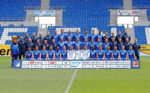 TSG 1899 Hoffenheim team photo back V left team doctor Ralph Kern, coach Timo Seyfert, coach Heinz Seyfert, Reammanager Maximilian Vollmar, Kevin Akpoguma, Benjamin Hübner, Kevin Vogt, Adam Szalai, Ishak Belfodi, Justin Hoogma, Lucas Ribeiro, physiotherapist Peter Geigle, Physiotherapist Sören Johannsen, Physiotherapist Manuel Kreuberger, Physiotherapist Dennis Wöhr middle V left Co trainer Pellegrino Matarazzo, Co trainer Matthias Kaltenbach, Co trainer Analysis Timo Gross, Co trainer Dick Schreuder, Head trainer Alfred Schreuder, Joelinton, Stefan Posch, Robert ulj, Havard Nordtveit, Florian Grillitsch, Ermin Bicakcic, Sargis Adamyan, goalkeeper coach Michael Rechner, athletics coach Christian Weigl, preventive coach Christian Neitzert Vorne V li Leonardo Bittencourt, Andrej Kramaric, Christoph Baumgartner, Lukas Rupp, Joshua Brenet, Pavel Kaderabek, Philipp Pentke, Oliver Baumann, Alexander Stolz, Ihlas Bebou, Steven Zuber, Vincenzo Grifo, Konstantinos Stafylidis, Philipp Ochs, Dennis Geiger Portrait of TSG 1899 Hoffenheim 2018 2019 Sinsheim, GER, 15 07 2019 ,Football 1 Bundesliga 2019 2020