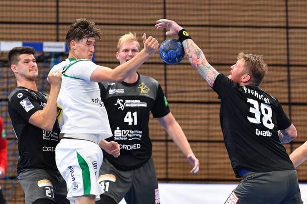 v l Philip Jungemann Dresden versus Oliver Seidler Leipzig , Michal Kasal and Henning Quade both Dresden , HC Elbflorenz Dresden versus SC DHfK Leipzig, test match, friendly match, handball, 2 League of Men, 2 Bundesliga, season 2019 2020, Dresden, BallsportARENA Dresden, 27 07 2019,