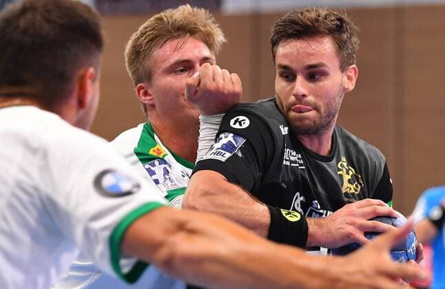 from right Sebastian Greß Dresden against Franz Semper Leipzig, HC Elbflorenz Dresden against SC DHfK Leipzig, test match, friendly match, handball, 2 League of Men, 2 Bundesliga, season 2019 2020, Dresden, BallsportARENA Dresden, 27 07 2019,