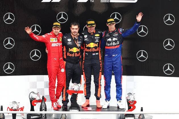 Podium with Sebastian Vettel Scuderia Ferrari Mission Winnow , Max Verstappen Aston Martin Red Bull Racing , Daniil Kwjat Red Bull Toro Rosso Honda , Mercedes Benz Grand Prix of Germany 2019, Motorsport, Formula 1, 28 07 2019, Mercedes Benz Grand Prix of Germany 2019, Motorsport, Formula 1, 28 07 2019 Hockenheim Copyright: xEIBNER AlexanderxNeisx EP_ANS