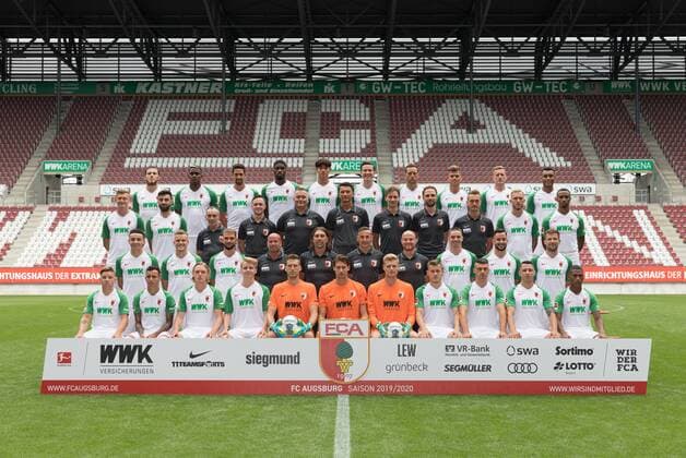 FC Augsburg 1907 1 BL, portrait date 2019 2010, team photo, hi row v left Jeffrey Gouweleeuw, Sergio Cordova, Rani Khedira, Kevin Danso, Seong Hoon Cheon, Michael Gregoritsch, Julian Schieber, Florian Niederlechner, Andre Hahn, Maurice Malone 2 row back Georg Teigl, Jan Moravek, Salvatore Belardo Zeugwart , Martin Miller, Markus Zeyer physiotherapists Zdenko Miletic goalkeeper trainer , Sönke Ermgassen, Daniel Müller, Andreas Bäumler rehab and athletics trainer , Tim Rieder, Noah Sarenren Bazee 3 row rear Ruben Vargas, Philipp Max, Simon Asta, Stefan Sartori Co Trainer , Martin Schmidt Trainer , Tobias Zellner, Jonas Scheuermann Co Trainer , Raphael Framberger, Marco Richter, Daniel Baier front row v left Mads Pedersen, Iago, Fredrik Jensen, Felix Götze, Andreas Luthe, Fabian Giefer, Benjamin Leneis goalkeepers , Alfred Finnbogason, Jozo Stanic, Marek Suchy, Carlos Gruezo Michael Deiss physiotherapist missing