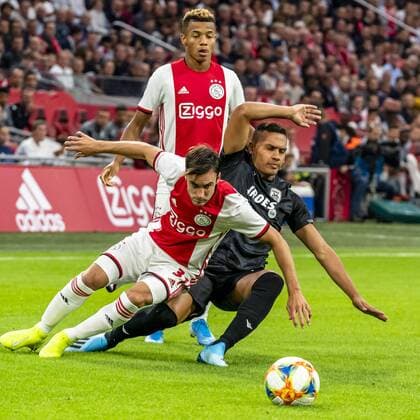 AMSTERDAM, Netherlands, 13-08-2019, football, Johan Cruijff ArenA, Champions League third qualifying round, season 2019-2020, Ajax player Nico Tagliafico (L), PAOK Saloniki player Leo Jaba (R), during the match Ajax - PAOK, Ajax - PAOK x4105232x Copyright: