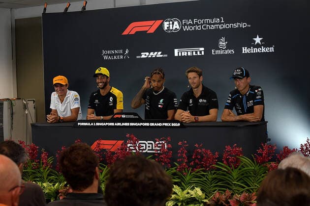 FORMULA 1 2019 SINGAPORE AIRLINES SINGAPORE GRAND PRIX 19 09 2019, Marina Bay Street Circuit, Singapore, FORMULA 1 2019 SINGAPORE AIRLINES SINGAPORE GRAND PRIX, pictured Lando Norris GBR 47 , McLaren F1 Team, Daniel Ricciardo AUS 3 , Renault F1 Team, Lewis Hamilton GB 44 , Mercedes AMG Petronas Motorsport, Romain Grosjean FRA 8 , Rich Energy Haas F1 Team, Robert Kubica POL 88 , Rokit Williams Racing nordphotoxBratic nph00250