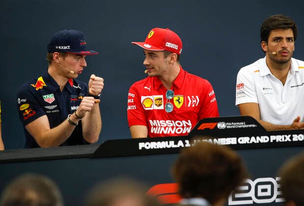 Motorsports: FIA Formula One World Championship, WM, Weltmeisterschaft 2019, Grand Prix of Japan, 33 Max Verstappen (NLD, Aston Martin Red Bull Racing), 16 Charles Leclerc (MCO, Scuderia Ferrari Mission Winnow), 55 Carlos Sainz jr. (ESP, McLaren F1 Team), Suzuka Japan