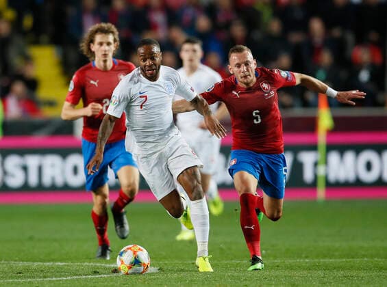 Raheem Sterling of England runs clear of Vladimir Coufal of Czech Republic during the UEFA EURO, EM, Europameisterschaft,Fussball 2020 Qualifying match at the Sinobo Stadium, Prague. Picture date: 11th October 2019. Picture credit should read: David Klein Sportimage EDITORIAL USE ONLY. No use with unauthorised audio, video, data, fixture lists, club league logos or live services. Online in-match use limited to 120 images, no video emulation. No use in betting, games or single club league player publications. SPI-0252-0072