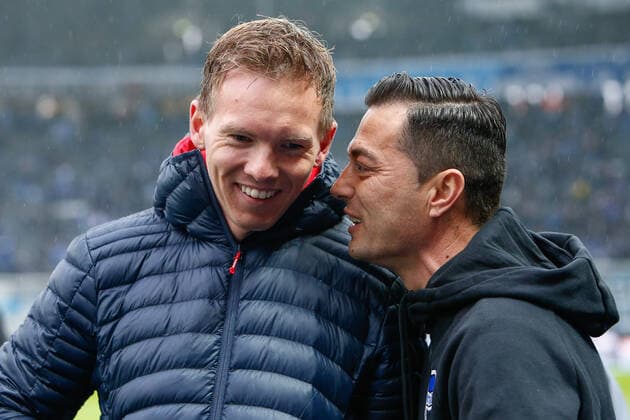 09 11 2019, xtgx, Fussball 1 Bundesliga, Hertha BSC Berlin RB Leipzig emspor, v l Julian Nagelsmann Leipzig, Trainer , Ante Covic Hertha, Trainer laughs, smiles, happy, happy, laugh DFL DFB REGULATIONS PROHIBIT ANY USE OF PHOTOGRAPHS as IMAGE SEQUENCES and or QUASI VIDEO Berlin