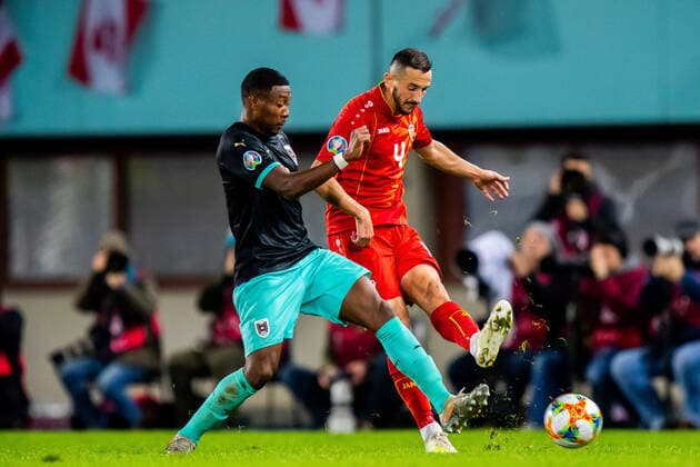 16 11 2019, Ernst Happel Stadium, Vienna, AUT, UEFA EM qualification, Austria vs. North Macedonia, Group G, pictured v l David Alaba AUT , Kire Ristevski MKD during the UEFA European Championship qualification, group G match between Austria and North Macedonia at the Ernst Happel Stadium in Vienna, Austria on 2019 11 16 Vienna EP_ang