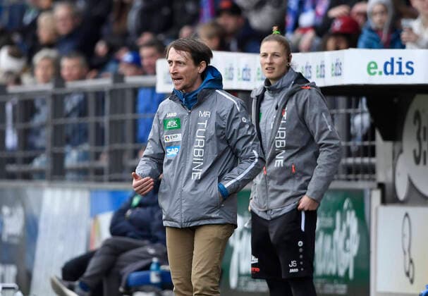 v l Matthias Rudolph Trainer, Potsdam , Josephine Schlanke Co Trainer, Potsdam , Gesture, Gesture, 1 FFC Turbine Potsdam 1 FC Köln, Football, Women, Bundesliga, Season 2019 2020, Potsdam, 16 02 2020, Germany, DFB DFL REGULATIONS PROHIBIT ANY USE OF PHOTOGRAPHS AS IMAGE SEQUENCES AND OR QUASI VIDEO xjkx