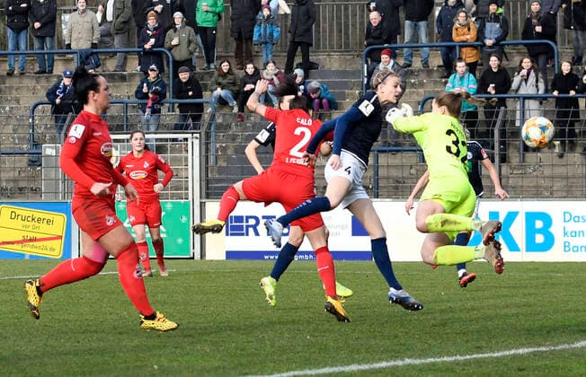 Johanna Elsig Jojo Elsig, Potsdam, 4, 2 vo re scores the goal for the 4 0 against Elvira Herzog Köln, re , 1 FFC Turbine Potsdam 1 FC Köln, football, women, Bundesliga, season 2019 2020, Potsdam, 16 02 2020, Germany, DFB DFL REGULATIONS PROHIBIT ANY USE OF PHOTOGRAPHS AS IMAGE SEQUENCES AND OR QUASI VIDEO xjkx