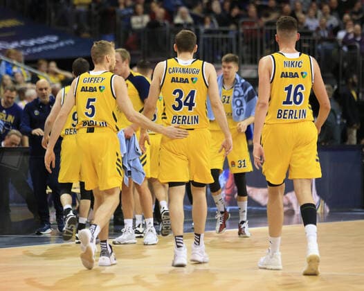 GER, Turkish Airlines EuroLeague, ALBA ERLIN vs Efes Istanbul 27 02 2020, Mercedes Benz Arena, Berlin, GER, Turkish Airlines EuroLeague, ALBA ERLIN vs Efes Istanbul, in picture 5 , Tyler Cavanaugh ALBA Berlin 34 , Kresimir Nikic ALBA Berlin 16 nordphotox xEngler nph00076