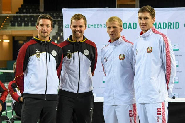 06 03 2020, GER, Davis Cup, Germany vs. Belarus 06 03 2020, GER, Davis Cup, Germany vs. Belarus , CASTELLO , Duesseldorf, in the picture picture picture shows double mating by Andreas Mies GER, Kevin Krawietz GER, Andrei Vasilevski BLR, Egor Gerasimov BLR nordphoto Mauelshagen nph00321