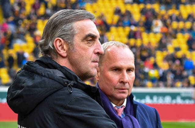 v l Sport Managing Director Ralf Minge Dresden , President Helge Leonhardt Aue , 08 03 2020, Football, GER, Season 2019 2020, 2 Bundesliga, 25 Matchday, Rudolf Harbig Stadion Dresden, SG Dynamo Dresden FC Erzgebirge Aue, DFL REGULATIONS PROHIBIT ANY USE OF PHOTOGRAPHS as IMAGE SEQUENCES and or QUASI VIDEO,
