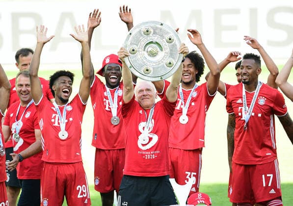 Football German Champion 2020, FC Bayern Muenchen v l Coach Hans Dieter Hansi Flick, Kingsley Coman, Alphonso Davies, Co Coach Hermann Gerland with Champions Cup, Joshua Zirkzee, Jerome Boateng Wolfsburg, 27 06 2020, Football Bundesliga, VfL Wolfsburg FC Bayern Muenchen 0 4 Wolfsburg Poolfoto Groothuis Witters Pool Witters ,EDITORIAL USE ONLY