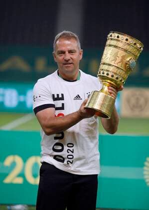 Final German Football Trophy FC BAYERN MUENCHEN BAYER 04 LEVERKUSEN 4 2 Berlin, Germany, 4 th July 2020, Celebration winner ceremony Coach Hansi FLICK FCB , team manager, headcoach, coach, with trophy, at the DFB Pokal Final match FC BAYERN MUENCHEN BAYER 04 LEVERKUSEN 4 2 in season 2019 2020 , FCB Photo Hans Rauchensteiner Pool via Peter Schatz DFB REGULATIONS PROHIBIT ANY USE OF PHOTOGRAPHS as IMAGE SEQUENCES and or QUASI VIDEO National and international News Agencies OUT Editorial Use ONLY Berlin Olympic Stadium Berlin Germany Poolfoto Hans Rauchensteiner Pool via Peter Schatz ,EDITORIAL USE ONLY