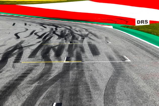 Motorsports: FIA Formula One World Championship, WM, Weltmeisterschaft 2020, Grand Prix of Styria, Red Bull Ring Spielberg, track, Rennstrecke, tyres marks, skidmarks, Fahrbahn, Bremsspur, Bremsspuren, Strecke, Gummi, Spur, Reifenspuren, Reifenspur, Streifen, Asphalt, Abrieb, Gummi, marks Spielberg Austria