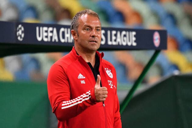 Hans Dieter Flick Hansi, Coach Bayern Muenchen, thumb up, thumbs up, single image, cut single motif, half figure, half figure Football Champions League, semi-final, Olympique Lyon FC Bayern Muenchen M 0 3, on 19 08 2020 at the Estadio Jose Alvalade in Lisbon Portugal PHOTO Frank Hoermann SVEN SIMON Pool NO use of any use photographs as image sequences and or quasi video Editorial Use ONLY National and International News Agencies OUT