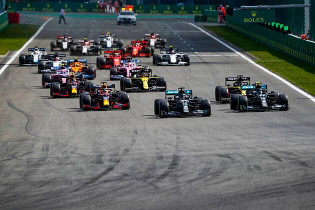 Motorsports FIA Formula One World Championship 2020, Grand Prix of Belgium, Start, 44 Lewis Hamilton GBR, Mercedes AMG Petronas Formula One Team , 77 Valtteri Bottas FIN, Mercedes AMG Petronas Formula One Team , 33 Max Verstappen NLD, Aston Martin Red Bull Racing , 3 Daniel Ricciardo AUS, Renault DP World F1 Team , Spa Francorchamps Belgium