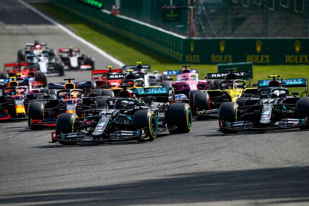 Motorsports FIA Formula One World Championship 2020, Grand Prix of Belgium, Start, 44 Lewis Hamilton GBR, Mercedes AMG Petronas Formula One Team , 77 Valtteri Bottas FIN, Mercedes AMG Petronas Formula One Team , 33 Max Verstappen NLD, Aston Martin Red Bull Racing , 3 Daniel Ricciardo AUS, Renault DP World F1 Team , Spa Francorchamps Belgium