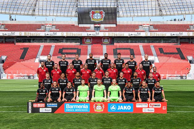 Bayer Leverkusen 1 BL, portrait date 2020 2021, team photo back row, from left Panagiotis Retsos, Tin Jedvaj, Sven Bender, Jonathan Tah, Edmond Tapsoba, Patrik Schick, Aleksandar Dragovic, Joel Pohjanpalo 2 row from left Simon Lackmann, Marcel Daum, David Thiel, Rob Maas, Peter Bosz, Hendrie Krüzen, Shariar Bigdeli, Terry Peters, Daniel Jouvin 3 row from Daley Sinkgraven, Nadiem Amiri, Karim Bellarabi, Lucas Alario, Lars Bender, Julian Baumgartlinger, Kerem Demirbay, Mitchell Weiser Front row from Moussa Diaby, Florian Wirtz, Paulinho, Lennart Grill, Lukas Hradecky, Niklas Lomb, Wendell, Charles Aranguiz, Exequiel Palacios Leverkusen NRW Germany Poolfoto Uwe Kraft ,EDITORIAL USE ONLY