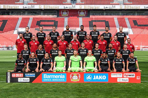 Bayer Leverkusen 1 BL, portrait date 2020 2021, team photo back row, from left Panagiotis Retsos, Tin Jedvaj, Sven Bender, Jonathan Tah, Edmond Tapsoba, Patrik Schick, Aleksandar Dragovic, Joel Pohjanpalo 2 row from left Simon Lackmann, Marcel Daum, David Thiel, Rob Maas, Peter Bosz, Hendrie Krüzen, Shariar Bigdeli, Terry Peters, Daniel Jouvin 3 row from Daley Sinkgraven, Nadiem Amiri, Karim Bellarabi, Lucas Alario, Lars Bender, Julian Baumgartlinger, Kerem Demirbay, Mitchell Weiser Front row from Moussa Diaby, Florian Wirtz, Paulinho, Lennart Grill, Lukas Hradecky, Niklas Lomb, Wendell, Charles Aranguiz, Exequiel Palacios Leverkusen NRW Germany Poolfoto Uwe Kraft ,EDITORIAL USE ONLY