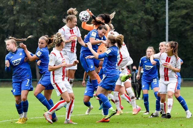 Louisa Binley Goalkeeper TSG, 23, center, parries the ball, parry, shining parry, holds the ball, action, action, 17 10 2020, Cologne Germany , Soccer, 2 Women Bundesliga South, 1 FC Cologne TSG 1899 Hoffenheim II, DFB DFL REGULATIONS PROHIBIT ANY USE OF PHOTOGRAPHS AS IMAGE SEQUENCES AND OR QUASI VIDEO xmhx