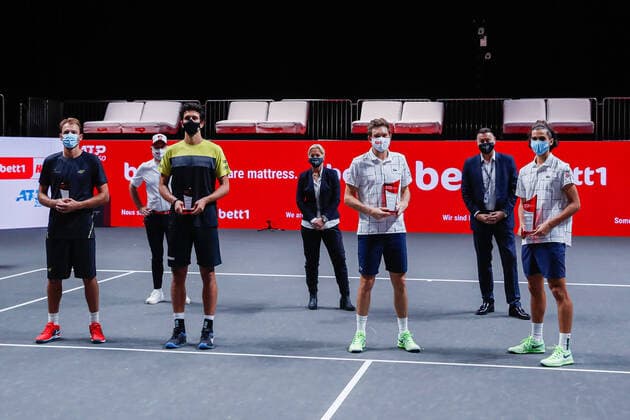 Award ceremony of the doubles final from left, KUBOT, Lukasz POL ATP Ranking doubles No 18, seeded No 1, Adam Szpyt, Managing Director of bett1 de GmbH and title sponsor, MELO, Marcelo BRA ATP Ranking doubles No 18, Barbara Rittner, Tournament Director and national coach of the German Tennis Federation DTB, MAHUT, Nicolas FRA ATP Ranking Double No 28, seeded No 2, HERBERT, Edwin Weindorfer, CEO of the e motion group and organizer remain empty at the bett1HULKS Indoors ATP 250 on 18 10 2020 in Cologne LANXESS arena , Germany