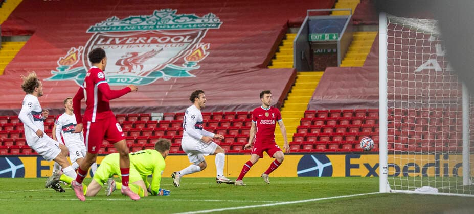 (201028) -- LIVERPOOL, Oct. 28, 2020 -- Liverpool s Diogo Jota (1st R) scores the first goal during the UEFA Champions League match between Liverpool FC and FC Midtjylland at Anfield in Liverpool, Britain, on Oct. 27, 2020. FOR EDITORIAL USE ONLY. NOT FOR SALE FOR MARKETING OR ADVERTISING CAMPAIGNS. NO USE WITH UNAUTHORIZED AUDIO, VIDEO, DATA, FIXTURE LISTS, CLUB LEAGUE LOGOS OR LIVE SERVICES. SUN OUT. ONLINE IN-MATCH USE LIMITED TO 45 IMAGES, NO VIDEO EMULATION. NO USE IN BETTING, GAMES OR SINGLE CLUB LEAGUE PLAYER PUBLICATIONS. (SP)BRITAIN-LIVERPOOL-FOOTBALL-UEFA CHAMPIONS LEAGUE-LIVERPOOL FC VS FC MIDTJYLLAND HanxYan