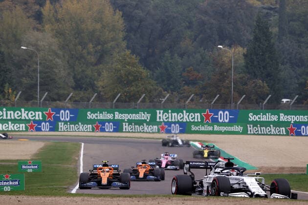 Formula 1 Emirates Gran Premio Dell emilia Romagna 2020 01 11 2020, Autodromo Enzo e Dino Ferrari, Imola, Formula 1 Emirates Gran Premio Dell emilia Romagna 2020 , in the picture Daniil Kvyat RUS 26 , Scuderia AlphaTauri Honda, Lando Norris GBR 4 , McLaren F1 Team, Carlos Sainz Jr SPA 55 , McLaren F1 Team, Sergio Perez MEX 11 , BWT Racing Point F1 Team nordphotoxBratic nph00250