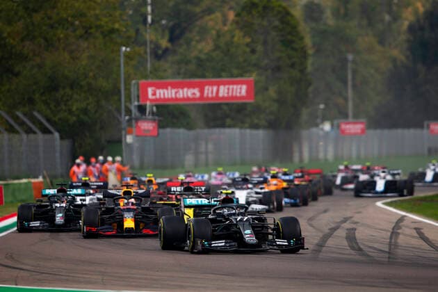 Motorsports FIA Formula One World Championship 2020, Grand Prix of Emilia Romagna, 77 Valtteri Bottas FIN, Mercedes AMG Petronas Formula One Team , 33 Max Verstappen NLD, Aston Martin Red Bull Racing , 44 Lewis Hamilton GBR, Mercedes AMG Petronas Formula One Team , 3 Daniel Ricciardo AUS, Renault DP World F1 Team , Imola Italy