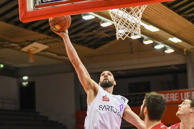 Dennis Kramer 11 matchday, Basketball Bundesliga, Basketball season 2020 2021, Germany, easyCredit BBL, frankfurt, Germany, Giessen 46ers, giessen red, men, Jobstairs GIESSEN 46ers BG Göttingen men, Göttingen white