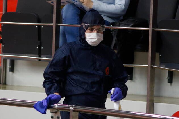 Of The Russian Federation. Saint-Petersburg. Sibur-arena. Basketball. The Regular Season. Euroleague 2020 2021, BC Zenit - BC Anadolu Efes. Coronavirus, coronavirus infection, Medical workers, protection suit, infection, pandemic, disease, covid 19, coronovirus, coronavirus infection, protection, medical, mask, gloves, chemical protection, treatment, protective suit, treat, infection, disinfection MaksimxKonstantinov