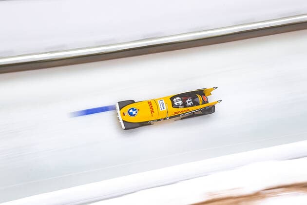 AUT, BMW IBSF World Cup Bobsleigh, Igls 31 01 2021, Olympia Eiskanal, Innsbruck, AUT, BMW IBSF World Cup Bobsleigh, Igls, women doubles bobsleigh, 1 run, in picture Kim Kalicki and Viktoria Doenicke GER Kim Kalicki and Viktoria Doenicke of Germany in action during the 1st run of women doubles bobsleigh competition of BMW IBSF World Cup at the Olympia Eiskanal in Innsbruck, Austria on 2021 01 31 Innsbruck Tirol Austria