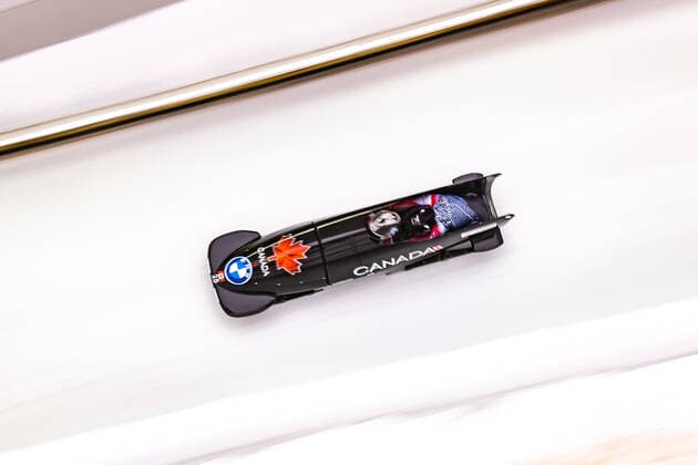 AUT, BMW IBSF World Cup Bobsleigh, Igls 31 01 2021, Olympia Eiskanal, Innsbruck, AUT, BMW IBSF World Cup Bobsleigh, Igls, women doubles bobsleigh, 1 run, in picture Melissa Lotholz and Sara Villani CAN Melissa Lotholz and Sara Villani of Canada in action during the 1st run of women doubles bobsleigh competition of BMW IBSF World Cup at the Olympia Eiskanal in Innsbruck, Austria on 2021 01 31 Innsbruck Tirol Austria
