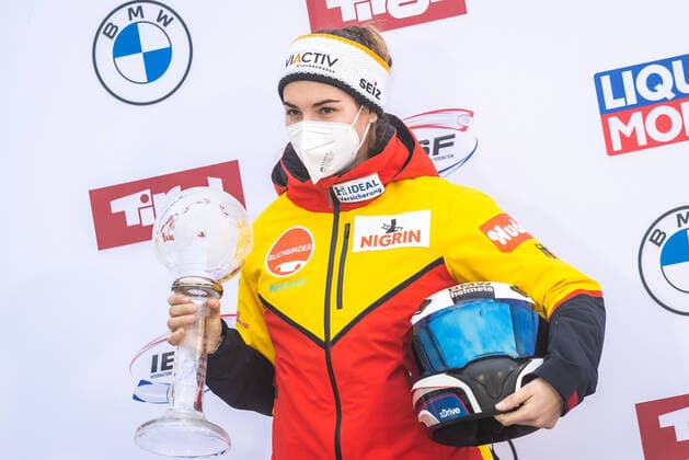 AUT, BMW IBSF World Cup Bobsleigh, Igls 31 01 2021, Olympia Eiskanal, Innsbruck, AUT, BMW IBSF World Cup Bobsleigh, Igls, women doubles bobsleigh, award ceremony, in the picture Kim Kalicki GER, 2 place second placed Kim Kalicki of Germany during the winner ceremony for the women doubles bobsleigh competition of BMW IBSF World Cup at the Olympia Eiskanal in Innsbruck, Austria on 2021 01 31 Innsbruck Tirol Austria