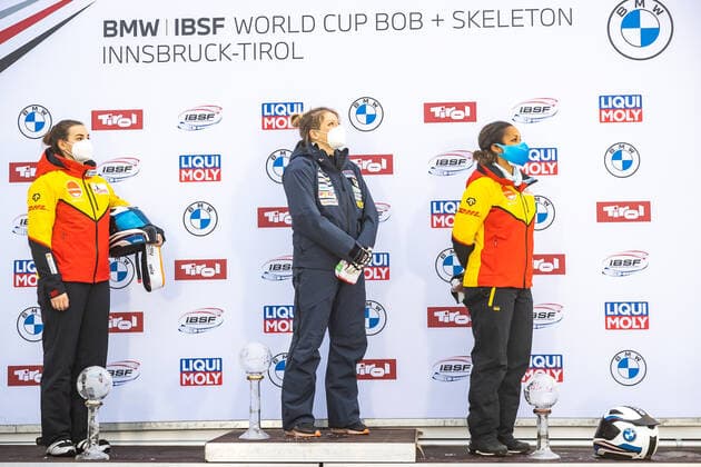 AUT, BMW IBSF World Cup Bobsleigh, Igls 31 01 2021, Olympia Eiskanal, Innsbruck, AUT, BMW IBSF World Cup Bobsleigh, Igls, Women doubles Bobsleigh, Award ceremony, in picture from l Kim Kalicki GER, 2 place , Katrin Beierl AUT, 1 place World Cup , Mariama Jamanka GER, 2 place left to right second placed Kim Kalicki of Germany world Cup winner Katrin Beierl of Austria third placed Mariama Jamanka of Germany during the winner ceremony for the women doubles Bobsleigh competition of BMW IBSF World Cup at the Olympia Eiskanal in Innsbruck, Austria on 2021 01 31 Innsbruck Tirol Austria
