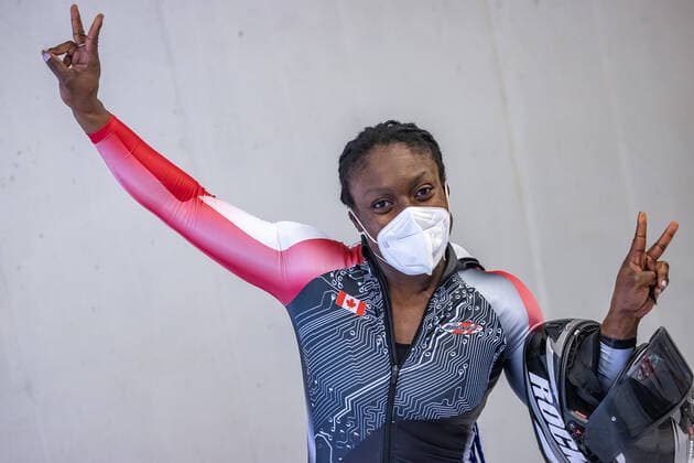 AUT, BMW IBSF World Cup Bobsleigh, Igls 31 01 2021, Olympia Eiskanal, Innsbruck, AUT, BMW IBSF World Cup Bobsleigh, Igls, women doubles bobsleigh, 2 run, in picture Cynthia Appiah CAN Cynthia Appiah of Canada reacts after the 2nd run of women doubles bobsleigh competition of BMW IBSF World Cup at the Olympia Eiskanal in Innsbruck, Austria on 2021 01 31 Innsbruck Tirol Austria
