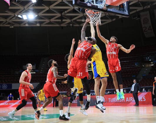 25 02 2021, EuroLeague, FCB Basketball vs Maccabi Tel Aviv, Audi Dome Muenchen, Sports, in picture James Gist FCB Basketball , D J Seeley FCB Basketball , Tyler Dorsey Maccabi Tel Aviv , James Gist FCB Basketball , Ante Zizic Maccabi Tel Aviv , Wade Baldwin FCB Basketball