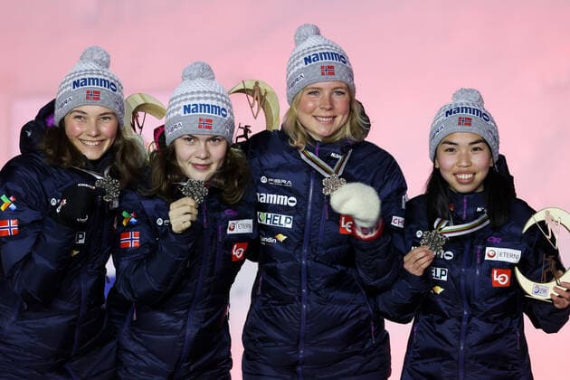 NORDIC SKIING - FIS Nordic World Ski Championships Oberstdorf 2021 OBERSTDORF,GERMANY,27.FEB.21 - NORDIC SKIING, Ski jumping, Skispringen, Ski, nordisch - FIS Nordic World Ski Championships, normal hill, ladies, team event, award ceremony. Image shows Silje Opseth, Anna Odine Stroem, Maren Lundby and Thea Minyan Bjoerseth (NOR). Keywords: medal. GEPAxpictures xChristianxWalgram