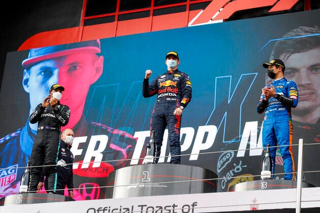Podium, HAMILTON Lewis (gbr), Mercedes AMG F1 GP W12 E Performance, VERSTAPPEN Max (ned), Red Bull Racing Honda RB16B, NORRIS Lando (gbr), McLaren MCL35M, portrait during the Formula 1 Pirelli Gran Premio Del Made In Italy E Dell emilia Romagna 2021 from April 16 to 18, 2021 on the Autodromo Internazionale Enzo e Dino Ferrari, in Imola, Italy - FORMULE 1 : Grand prix Emilie Romagne - Imola - Course - 18 04 2021 DPPI Panoramic