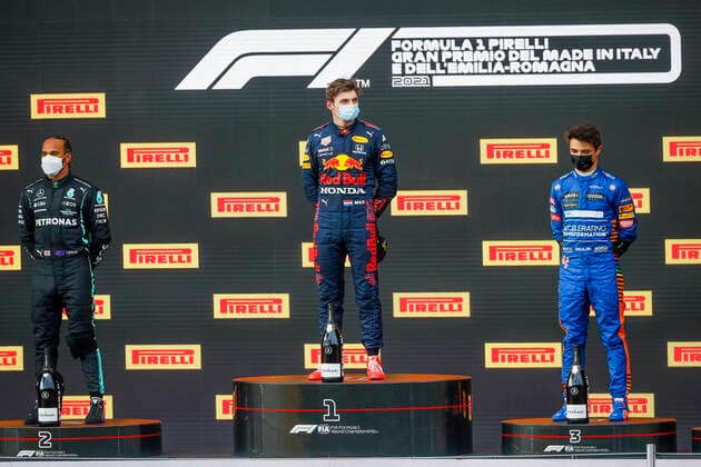 Podium, HAMILTON Lewis (gbr), Mercedes AMG F1 GP W12 E Performance, VERSTAPPEN Max (ned), Red Bull Racing Honda RB16B, NORRIS Lando (gbr), McLaren MCL35M, portrait during the Formula 1 Pirelli Gran Premio Del Made In Italy E Dell emilia Romagna 2021 from April 16 to 18, 2021 on the Autodromo Internazionale Enzo e Dino Ferrari, in Imola, Italy - FORMULE 1 : Grand prix Emilie Romagne - Imola - Course - 18 04 2021 DPPI Panoramic